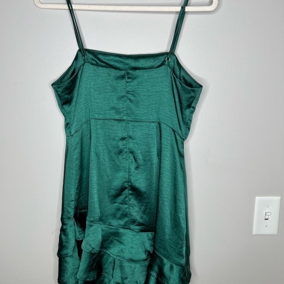Lulu’s Dreams Come True Emerald Green Satin Ruffled Mini Dress - Picture 4 of 7
